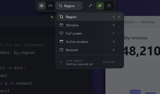 The Snipux capture-mode menu open below the toolbar, listing Region (R, selected), Window (W), Full screen (F), Active window (A), Browser (B) and Last region (Shift+R).