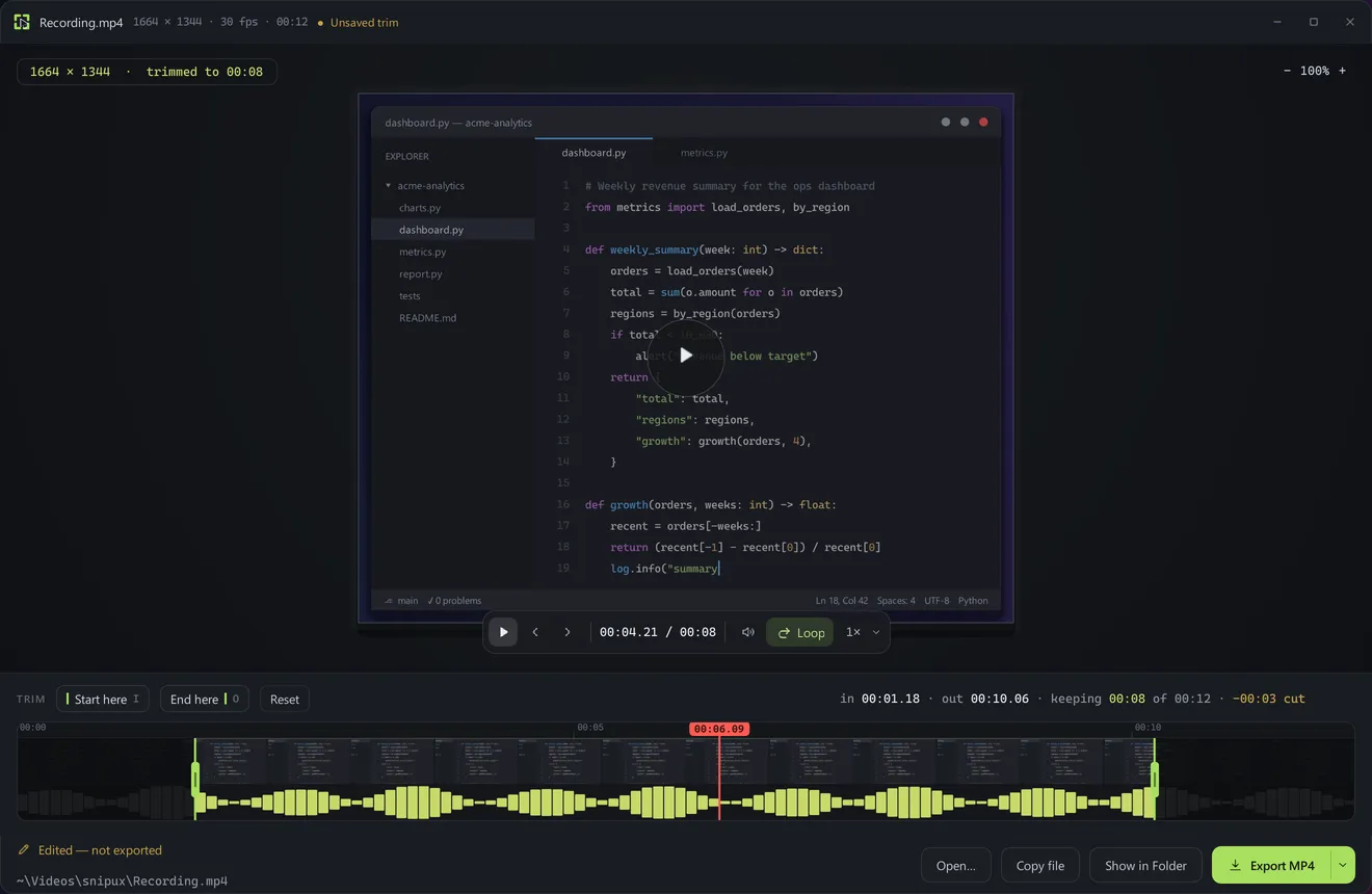 The Snipux trim editor: a video preview of the code editor recording, a playback bar with Loop and speed controls, and a filmstrip with an audio waveform below. Trim handles mark 00:01.18 in and 00:10.06 out, and an Export MP4 button sits bottom right.