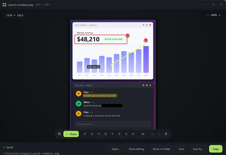The Snipux image editor with an annotated screenshot open: a box around weekly revenue, numbered steps, an arrow and a label, with the annotation toolbar along the bottom and Save, Save As and Copy below it.