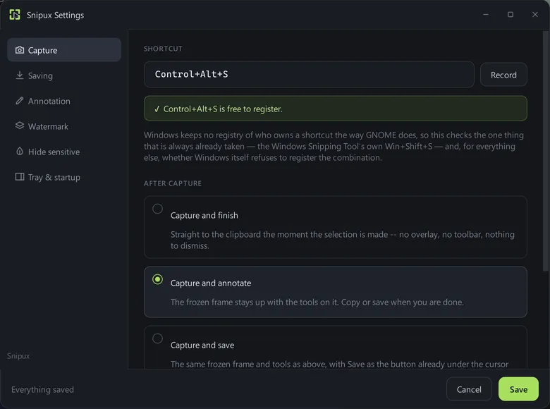 Snipux Settings on the Capture page. The shortcut field reads Control+Alt+S with a note that it is free to register. Below, three after-capture options: Capture and finish, Capture and annotate (selected), and Capture and save.