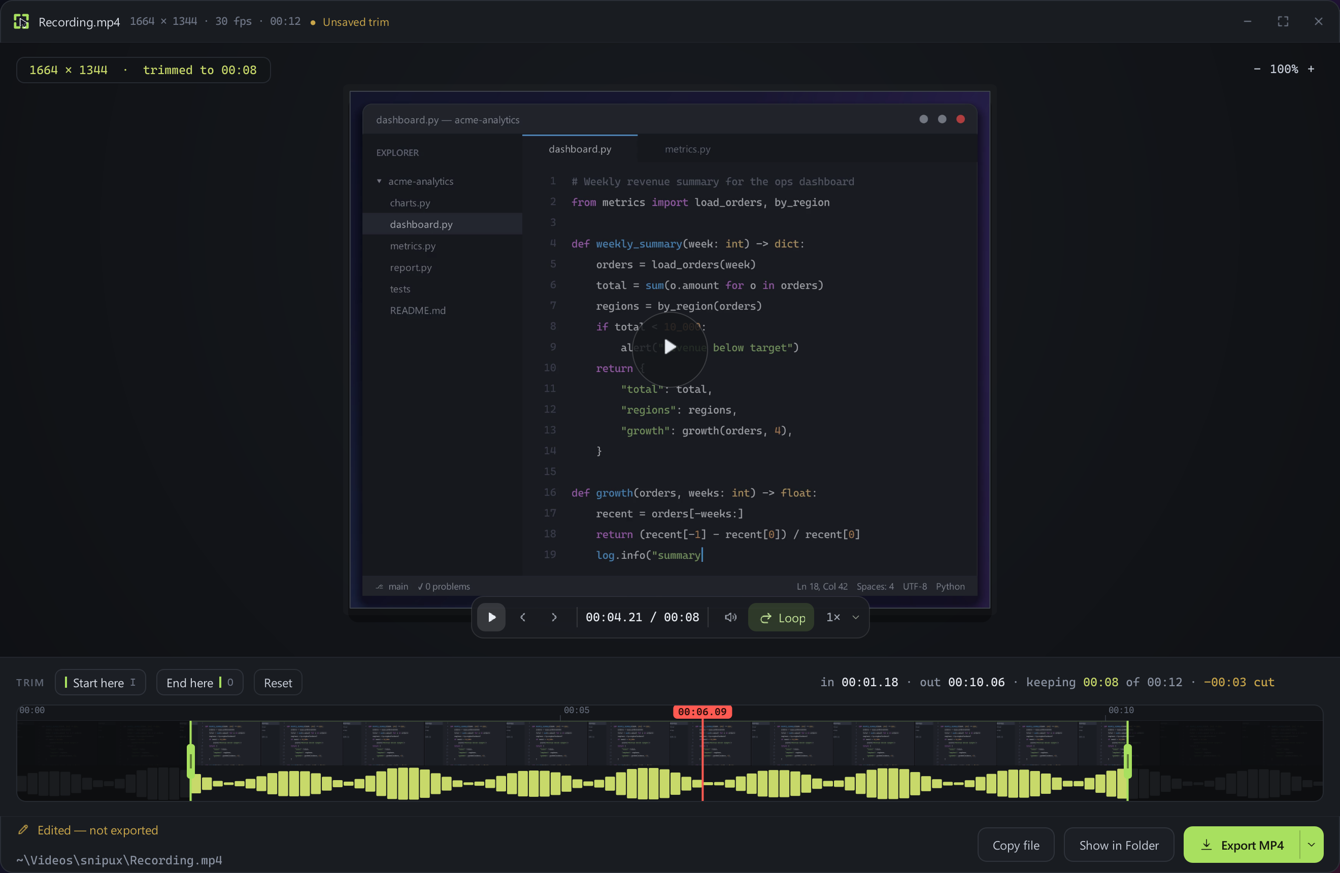 The Snipux trim editor: a video preview of the code editor recording, a playback bar with Loop and speed controls, and a filmstrip with an audio waveform below. Trim handles mark 00:01.18 in and 00:10.06 out, and an Export MP4 button sits bottom right.
