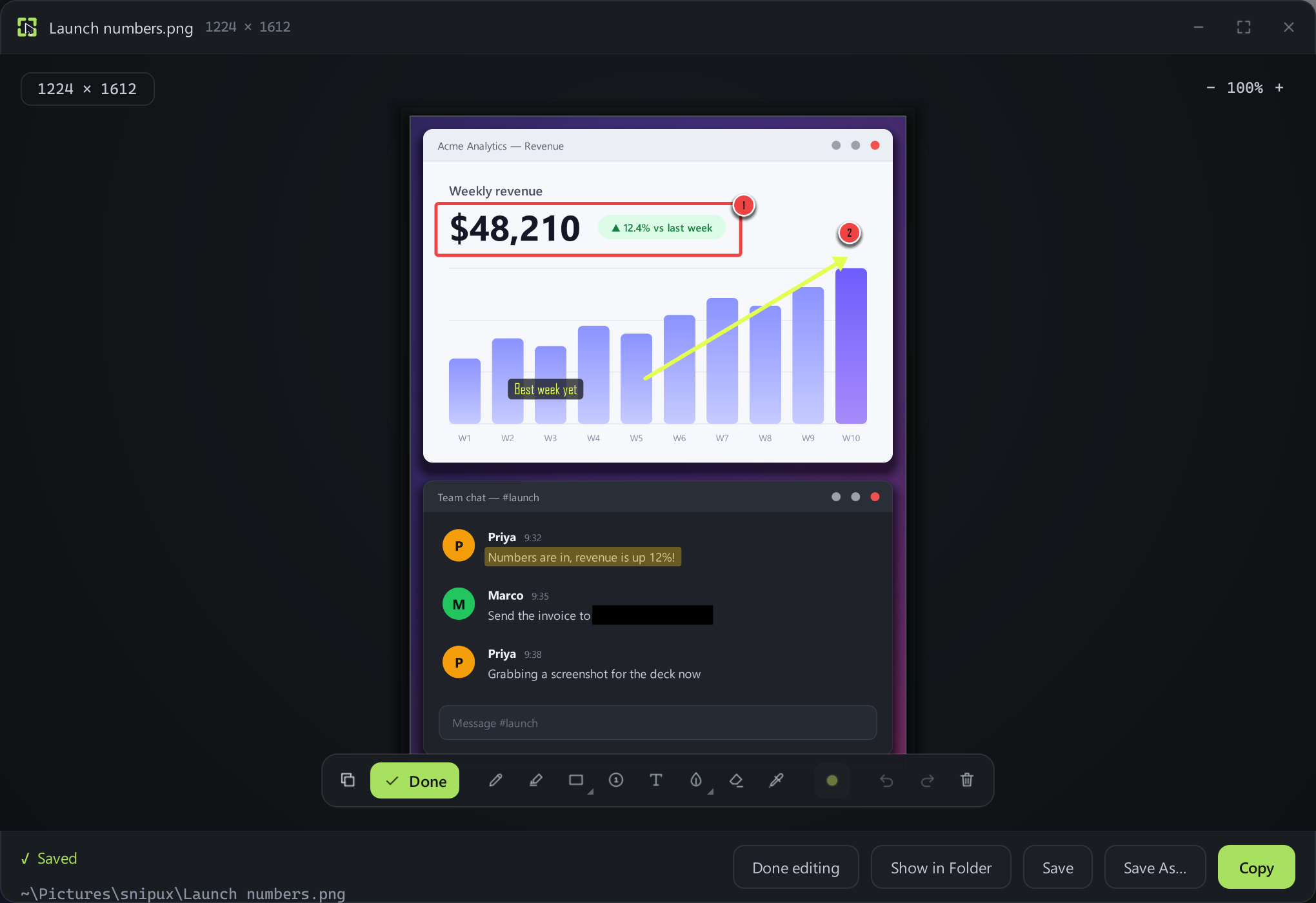 The Snipux image editor showing an annotated snip: a red box around weekly revenue, numbered steps, a yellow arrow and a 'Best week yet' label. An email address in the team chat is blacked out. The annotation toolbar sits along the bottom, with Save, Save As and Copy buttons below.