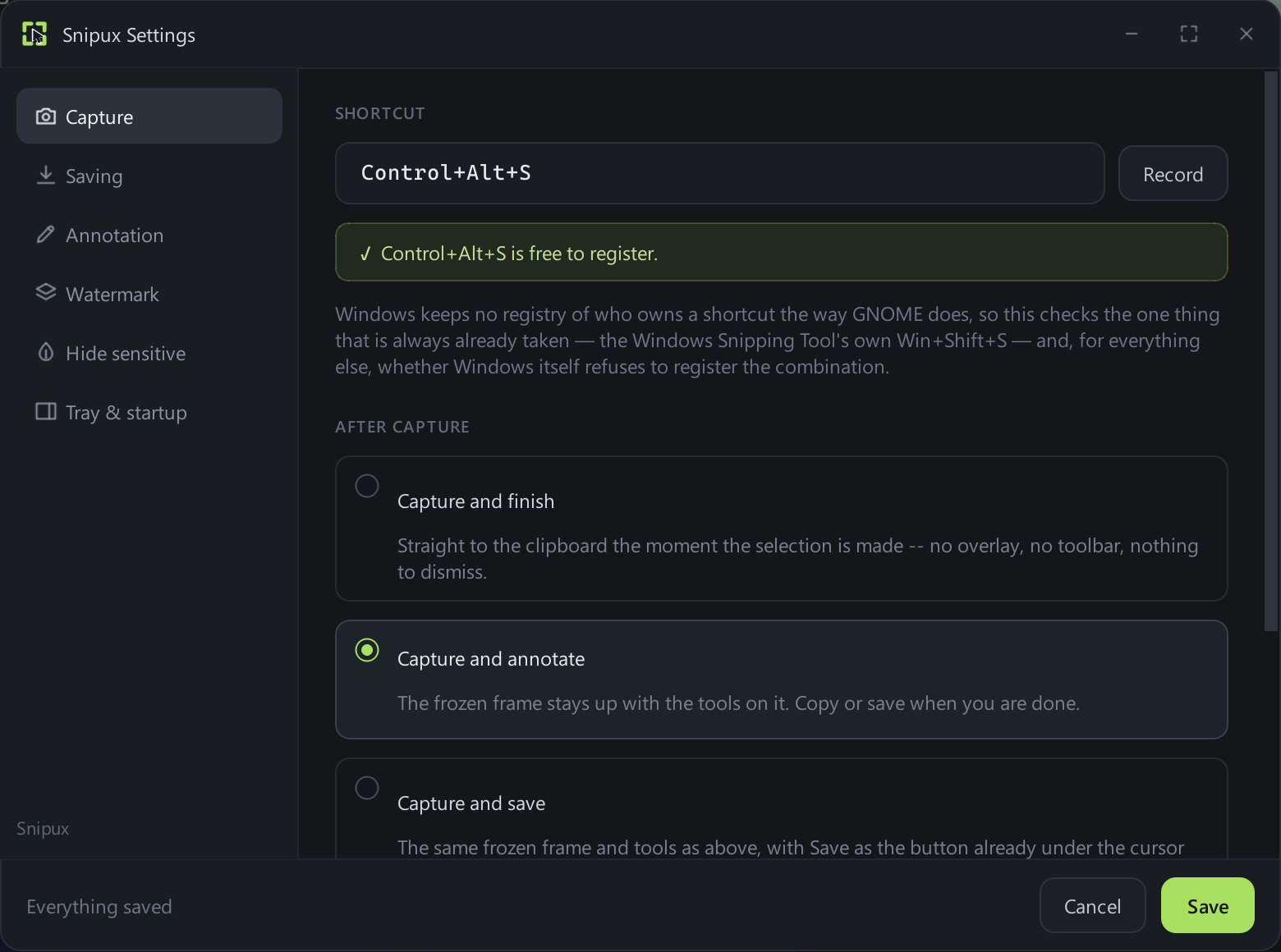 Snipux Settings on the Capture page. The shortcut field reads Control+Alt+S with a note that it is free to register. Below, three after-capture options: Capture and finish, Capture and annotate (selected), and Capture and save.